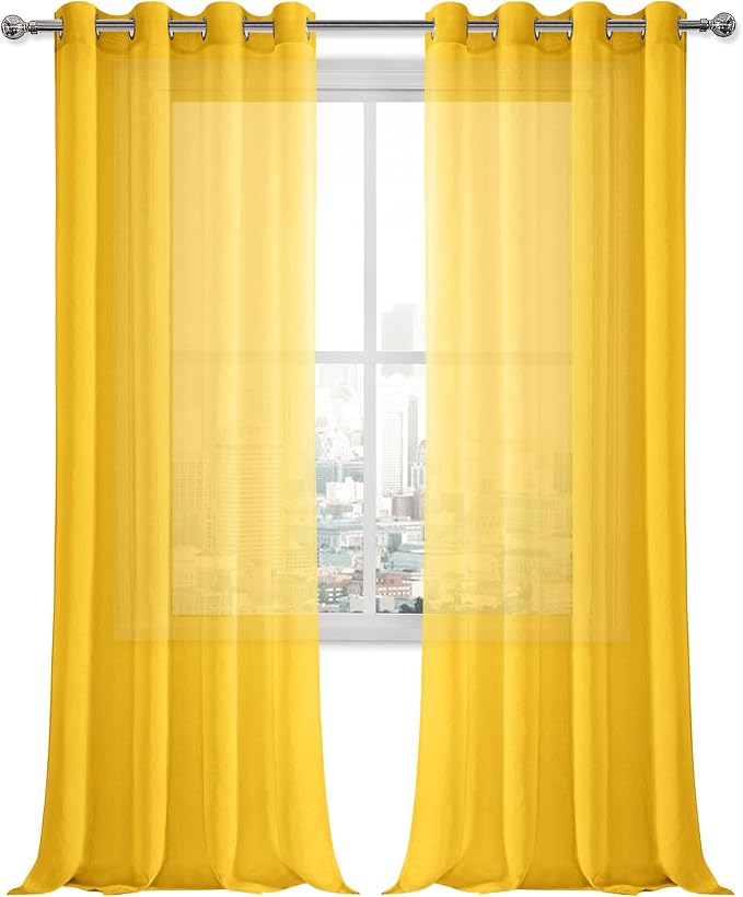 DWCN Yellow Faux Linen Sheer Curtains - Grommet Voile Window Curtain Drapes for Bedroom Living Room 52 x 95 inches Long, Set of 2