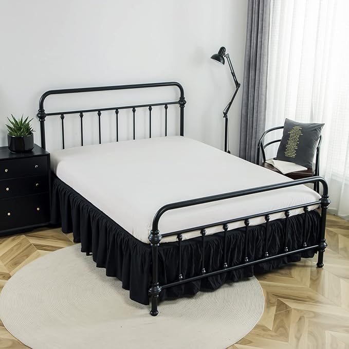 Bed Skirt Queen Size Ruffled Bed Skirt with Split Corners | 14 Inch Drop Dust Ruffle Bed Skirt with Platform - Black - Wrinkle Free, Fade & Shrink Resistant