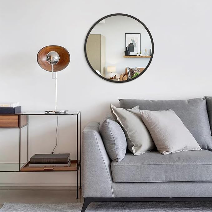 JJUUYOU Round Wall Mirror 20" Hanging Circle Mirror Round Mirrors for Bathroom Wooden Farmhouse Frame Mirrors for Bedroom Living Room or Entryway Wall Decorative