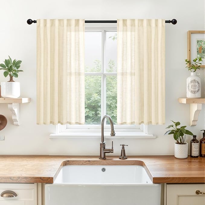 YoungsTex Linen Cafe Curtains, 34 X 40 Inch Long Small Window Drapes | Semi Sheer with Rod Pocket Back Tab Lightweight Rustic for Kitchen Over Sink, Beige, 2 Panles Set