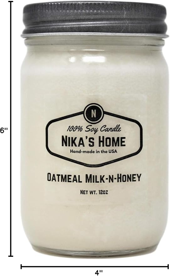 Nika's Home Oatmeal Milk-N-Honey Soy Candle - 12oz Mason Jar - Non-Toxic - Hand Poured in The USA, Long Burning 50-60 Hours Highly Scented All Natural, Clean Burning