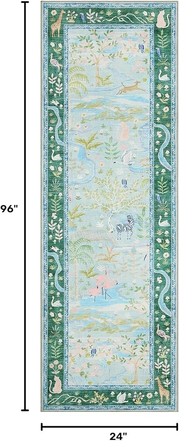 Long Runner Rug for Hallway 2x8 Whimsical Woodland Throw Runner Carpet Non Slip Stain Resistant Nursery Forest Runner Mat Washable Safari Animal Rugs for Living Room Kitchen Bedroom, Teal/Blue