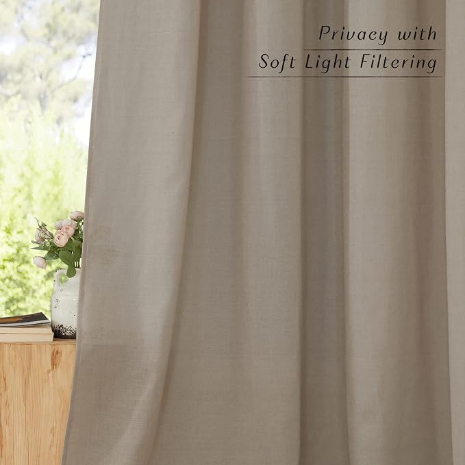 NICETOWN Rod Pocket & Back Tab Thick Flax Semi Sheer Linen Curtains, Privacy with Light Filtering Panels for Home Decor, Taupe, W55 x L95, 2 Panels