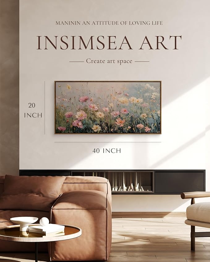 InSimSea Extra Large Framed Vintage Wall Art, Wildflowers Field, 20x40inch | Living Room Country Farmhouse Decor, Spring Landscape Canvas Prints, Retro Long Pictures for Bedroom Above of Bed