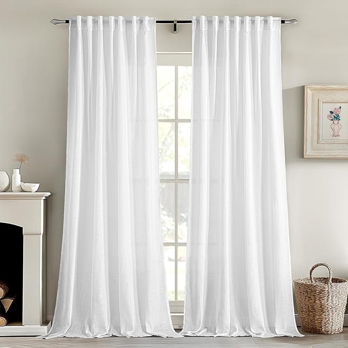 MIULEE White Linen Curtains 96 Inches Long 2 Panels for Bedroom Living Room | Soft Thick Linen Textured Back Tab Window Drapes, Semi Sheer Light Filtering, Rod Pocket, Modern Farmhouse Decor