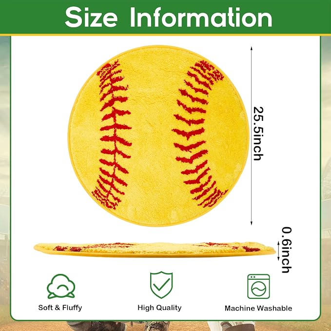 Funtery 25.5" Round Softball Rug for Girls Room Decor, Plush Washable Sports Bath Mat & Non-Slip Absorbent Aesthetic Carpet for Teen Bedroom Bathroom College Dorm Room Back to School Aesthetic Gift