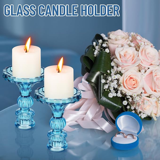 24 Pcs Glass Candle Holder Set 12 Candlestick White Candles,Blue | Clear Glass Holders with Taper Candles for Wedding Party Dinner Table Centerpiece, Elegant Classic Design Event Decor