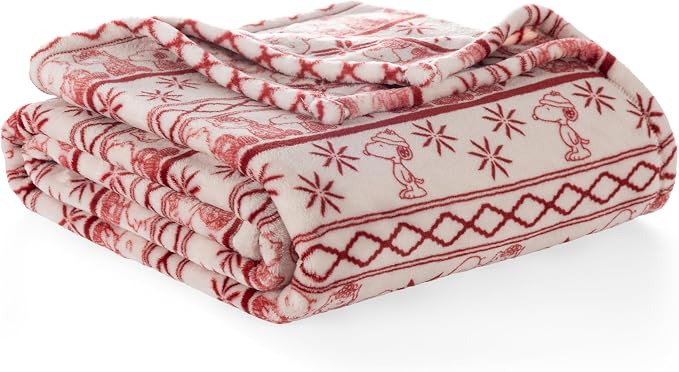 Berkshire Peanuts® VelvetLoft® Cute Character Snoopy Plush Blanket,Cozy Fairisle Crimson Neutral,King 90 in x 108 in (Official Peanuts® Product)