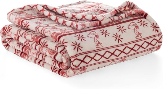 Berkshire Peanuts® VelvetLoft® Cute Character Snoopy Plush Blanket,Cozy Fairisle Crimson Neutral,Full/Queen 90 in x 90 in (Official Peanuts® Product)