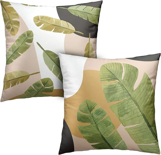 Set of 2 Summer Green Palm Tree Leaves Pillow Covers Tropical Plant Pillowcases Brown and White Black Throw Pillow Covers Cotton Blend 20x20 Game Room Decor for Sofa Bed Couch