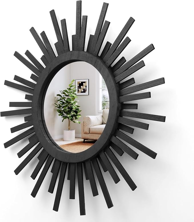 24 Inch Boho Sunburst Mirror, Round Wooden Wall Decor Starburst Sun Mirror for Bedroom, Living Room, Bathroom, Hallway, Balcony, Farmhouse Entryway, Housewarming Gift（Black
