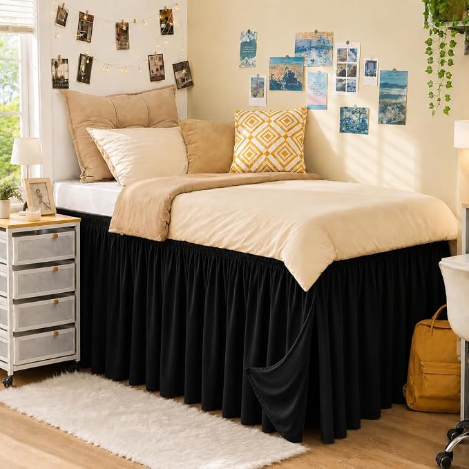Dorm Room Bed Skirt Twin XL 22" Drop, College Split Corner Bedskirt, Black | Solid ruffled, Wrap-around/elastic, Wrinkle & Fade resistant, with Adhesive Strips, Gift Packed, Machine Wash/Tumble Dry/Iron