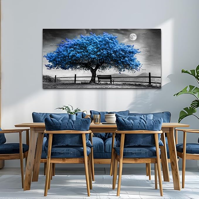 FUHAIHUA Large Wall Decor For Living Room Canvas Wall Art For Office Modern Wall Decorations For Bedroom Black And White Landscape Painting Blue Tree Pictures Artwork Room Home Decor 24x48 In