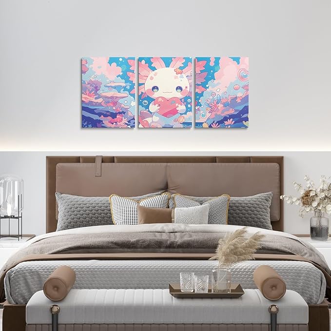 Feelyou Kids Cute Pink Axolotl Wall Painting Posters Kawaii Animal Canvas Wall Art for Living Room Bedroom Girls Ocean Sealife Picture Wall Decor Cartoon Princess Bathroom Wall Art 12"x16"x 3Pcs