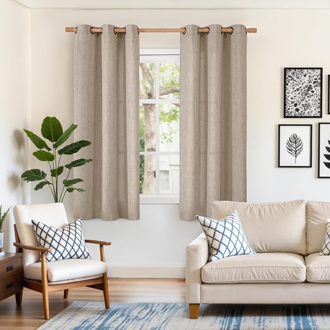 YoungsTex Oatmeal Linen Semi Sheer Curtains 42X63 Inch Long for Living Room | Light Filtering Drapes with Bronze Grommet for Bedroom Office Lightweight, 2 Panels