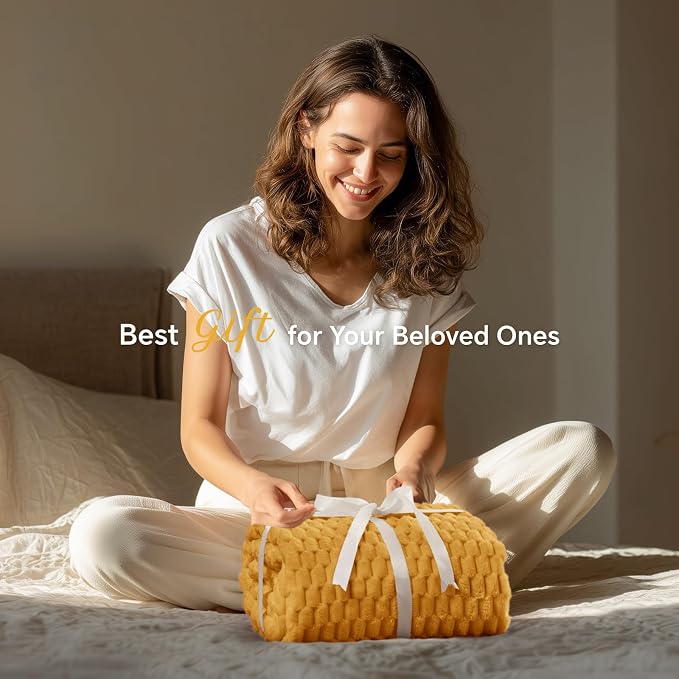BEDELITE Mustard Yellow Twin Blanket for Couch, Soft Cozy Gifts for Women | 3D Jacquard Decorative Fleece Blanket, Super Soft Plush Throws, Cute Birthday Gift for Women, Suitable for All Seasons, 60*80