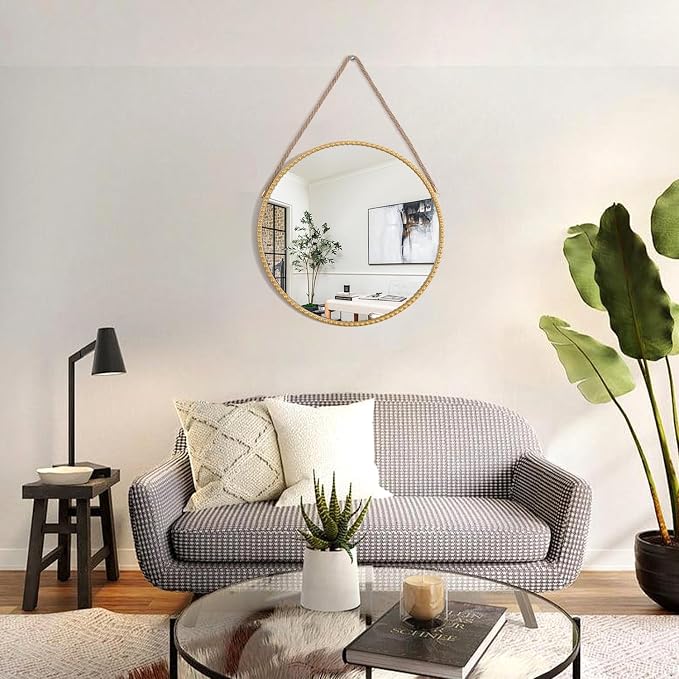 Hanging Mirror with Rope Modern Circle Metal Framed Round Mirrors with Beaded for Bathroom Living Room Home Entryway Gold 16"