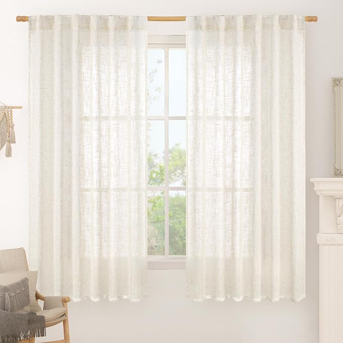 Cream Linen Curtains 63 Inch for Bedroom Small Window 2 Panels | Light Filtering, Neutral, Semi Sheer, Window Panels, Curtains for Living Room, Rod Pocket Back Tab, 2 Panels, 52 x 63 Inch