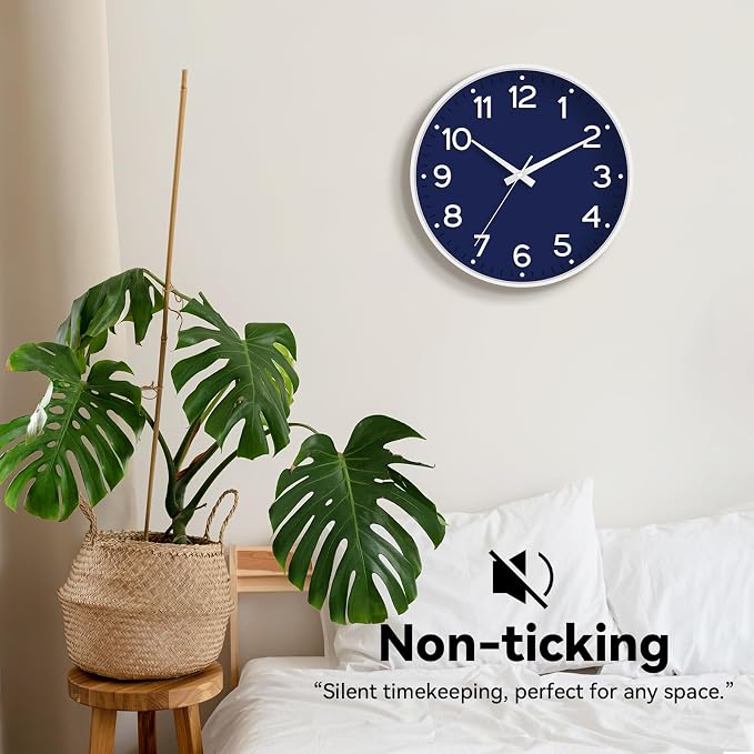 Roymnie 8 Inch Wall Clock, Battery Operated Silent Non Ticking Analog | Navy Blue modern analog; large 3D easy-read dial for kitchen, office, bathroom & bedroom; 1 AA battery (not included)