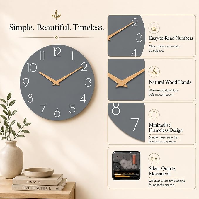 cicininc 8 Inch Battery Operated Wall Clock, Silent Analog, Gray | Kitchen | Office | Bedroom | Bathroom | Small Size | Easy-to-read Numbers
