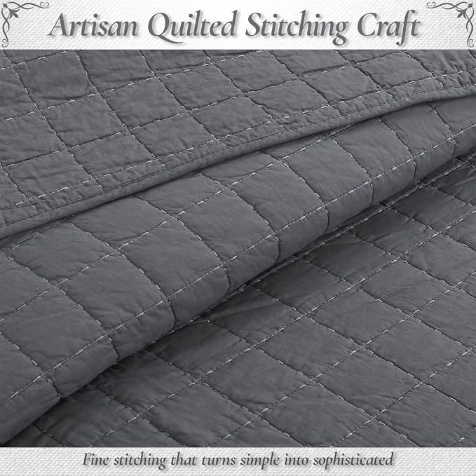 Cozy Line Home Fashions 100% Cotton Quilt Set – 3-Piece Charcoal Gray Solid Classic Modern Geometric Quilted Bedspread with Shams, Lightweight All Season Modern Bedding (Box Gray, King)