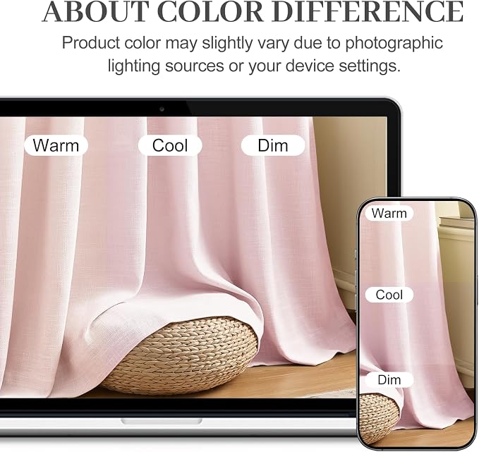 Pink Pinch Pleated 96 Inch Sheer Linen Blend Curtains for Living Room | Light Filtering, Bedroom, Girls Room, Pinch Pleat, Hook Rings, Non See Through, Memory Shape, W40xL96, 2 Panels, Light Pink