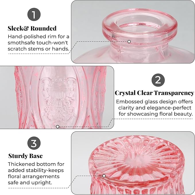 BEAHOT 24 Pack Pink Bud Vases in Bulk,Mini Glass Vintage Vases for Centerpieces,Wedding Decor, Small Flower Vases for Party & Home Decaration,Mother's Day (Pink)