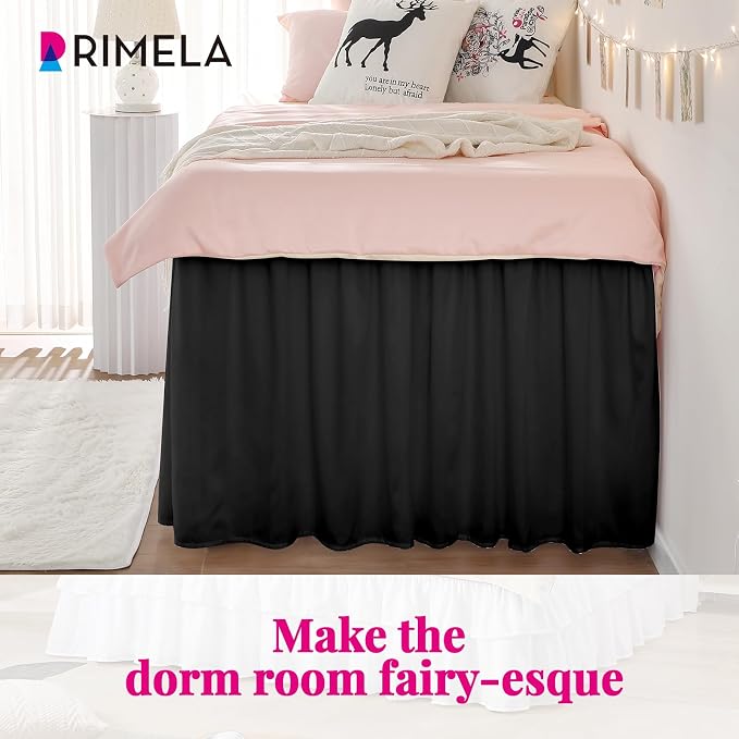 Dorm Bed Skirt Twin XL 25" Drop, College Dorm Room Essentials, Black | Solid ruffled, Wrap-around/elastic, Wrinkle & Fade resistant, with Adhesive Strips, Gift Packed, Machine Wash/Tumble Dry/Iron