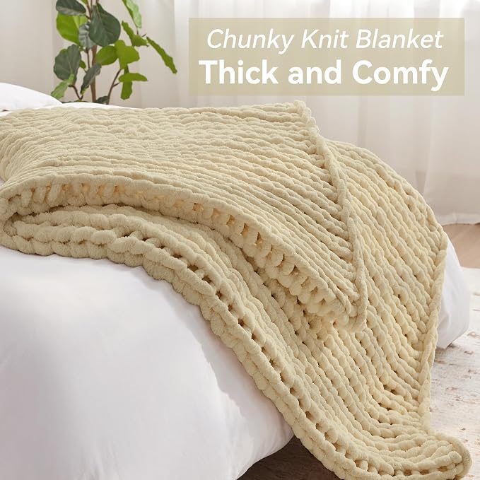 Negwoo Chunky Knit Throw Blanket, Knitted Throw Chenille Yarn, 30"*40" | Soft Thick Cable Knitted Blankets, Handmade Big Thick Blanket, Machine Washable Cute Comfy Blanket for Home Decor, Oatmeal