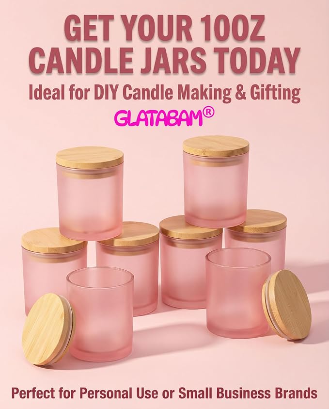 GLATABAM 10 OZ Candle Jars 12 Pack - Bulk Glass Candle Making Jars with Bamboo Lids & Labels, Heat Resistant Empty Reusable Candle Vessel for Containers(Frosted Powder)