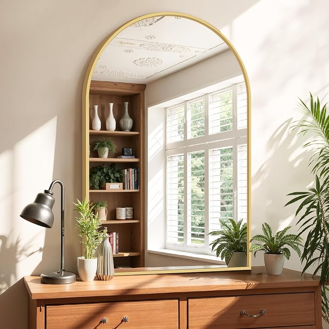 Bathroom Mirror for Wall, 38x26 Inch Arched Mirror, Matte Gold Metal Framed Bathroom Vanity Mirrors for Restroom Farmhouse, Anti-Rust, Tempered Glass, Hanging or Leaning