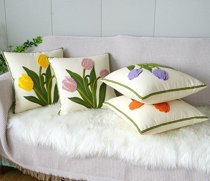vctops Farmhouse Tulip Cotton Tufted Throw Pillow Cover Spring Floral Embroidery Pillowcase Soft Square Cushion Case for Sofa Couch Bed Chair (Pink,18"x18")