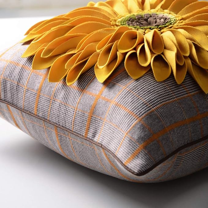 OiseauVoler 3D Sunflower Throw Pillow Covers Yellow Plaid 18 x 18 Inch | Handmade Decorative Pillowcases Gingham Yellow Vintage Floral for Home Bed Living Room Decor Dog Hair Resistant Indoor