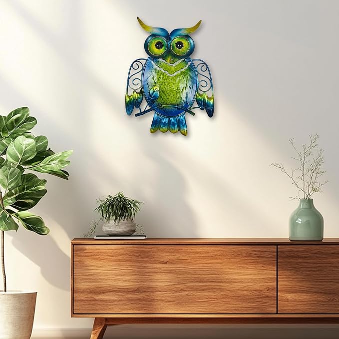 LIFFY Cute Metal Owl Wall Decor - Unique Outdoor Wall Art Decoration - Glass Hanging Wall Owl Decor Brighten Up Patio, Porch or Door, Garden Decoration, Birthday Gift Ideas