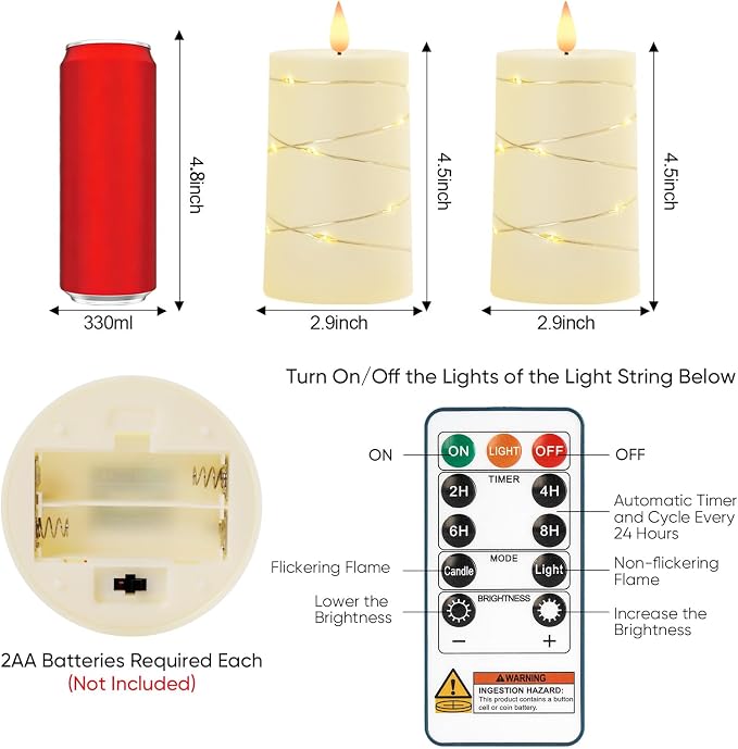 Raycare Ivory Battery Operated Flameless Pillar Candles with Remote Timer