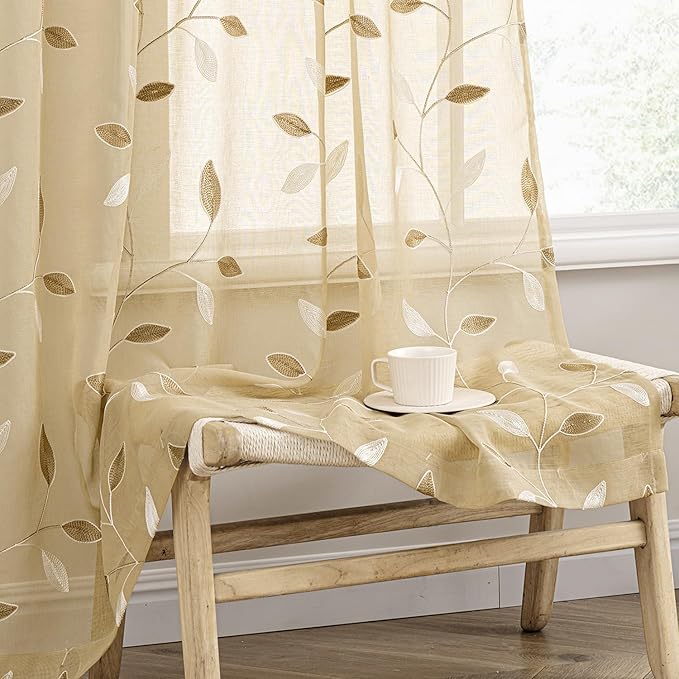 MIULEE Beige Sheer Curtains 2 Panels Embroidered Leaf Patterned, W52 x L84 | Embroidered Floral Semi Sheer,Rod Pocket,Faux Linen,Short Window Curtains Drapes Set for Kitchen/Bathroom/Cafe