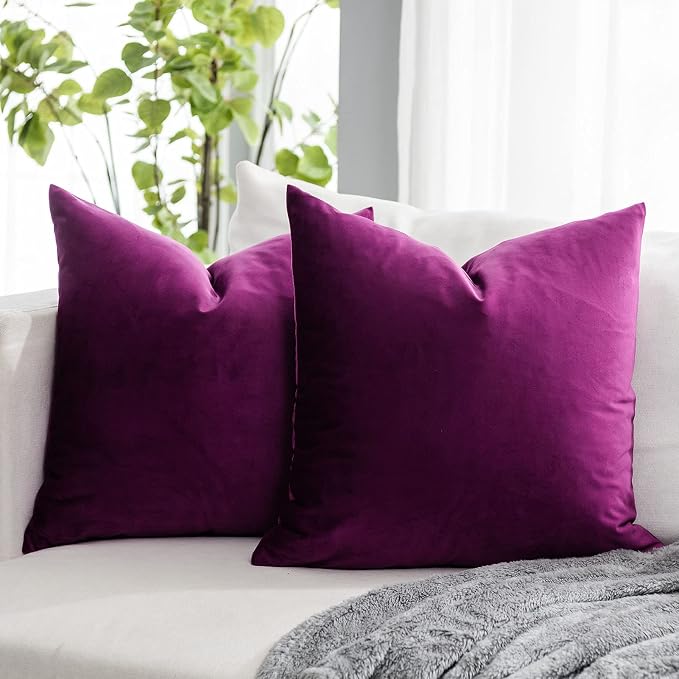Purple Decorative Velvet Throw Pillow Covers 16x16 inch Set of 2 with Zipper Luxury Soft Solid Square Cushion Covers Case for Sofa Couch Bed Living Room