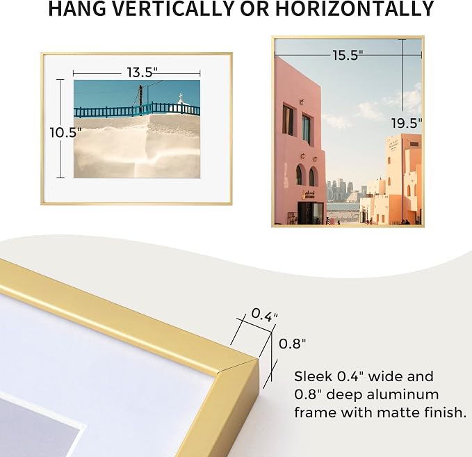 Fun Memories 16x20 Metal Picture Frame with 11x14 Mat, Brushed Aluminum Finish, Tempered Glass Front, and Attached Hanging Hardware(Gold, Pack of 1)