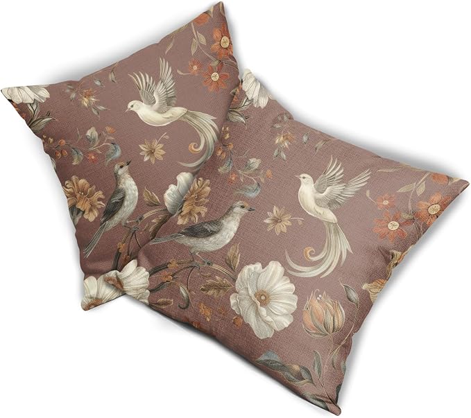Kawani Vintage Floral Pillow Covers 18x18 Inch Set of 2 Brown Chinoiserie Flower and Bird Outdoor Decorative Throw Pillows Retro Rustic Pillowcases Farmhouse Cushion Covers for Couch Home Decor