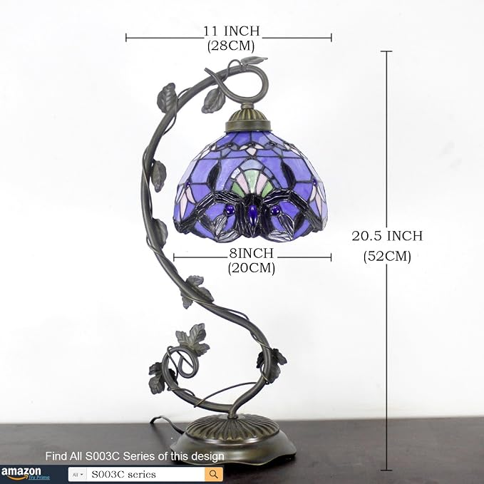 WERFACTORY Tiffany Table Lamp Blue Purple Stained Glass Baroque Style Reading Desk Light, Metal Leaf Base 8X10X21 Inches Decor Small Space Bedside Bedroom Home Office S003C Series