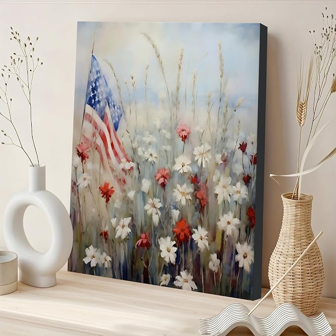 Framed American Flag Mason Jar Wall Art, Patriotic Farmhouse Canvas Art Pictures, USA Rustic Wall Decor, Made in USA Ready to Hang for Kitchen Dining Room