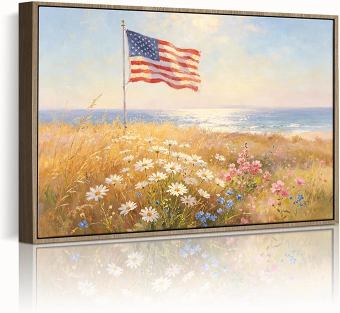 American Flag Framed Canvas Wall Art, 4th of July Floral Canvas Prints | Wildflower Landscape Poster Print, Vintage Rustic Independence Day Wall Decor for Bedroom Living Room Office 24×32in