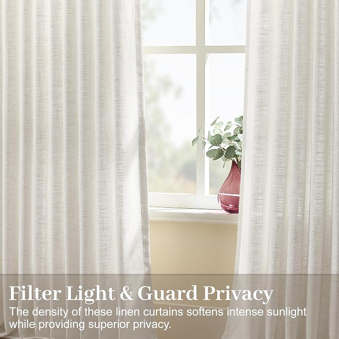 Pinch Pleated Sheer Curtains 84 Inches Linen Blend Drapes Light Filtering | Living Room, Semi Sheer, Pinch Pleat, Hook Rings, Non See Through, Memory Shape, Privacy, Beige White, W40xL84, 2 Panels