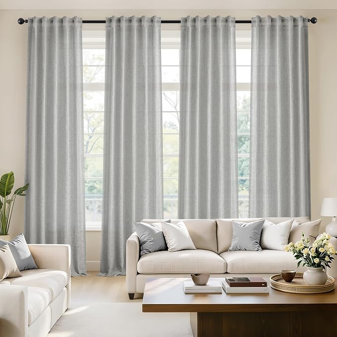 MIULEE Gray Back Tab Linen Curtains 4 Panels 42W x 90L | Linen material, light filtering, rod pocket back tab hanging, farmhouse decor for living room bedroom