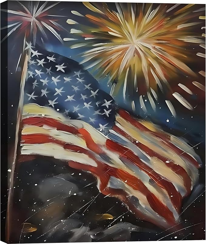 Framed 4th of July Fireworks American Flag Wall Art, Patriotic Impasto Canvas Art Pictures, USA Flag Wall Decor for Living Room Man Cave Bar, Ready to Hang Made in USA