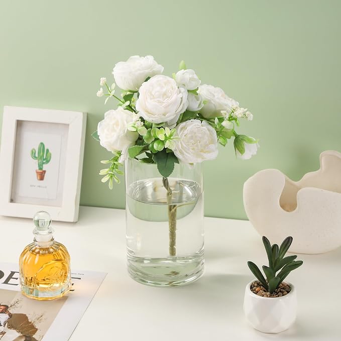 4" Wide 7" High Set of 2 Large Hand Blown Sturdy Clear Cylinder Glass Vase, Centerpiece Flower Vase for Rose, Tulip, Boquets, Hurricane Candle Holder (2, 4"x7")