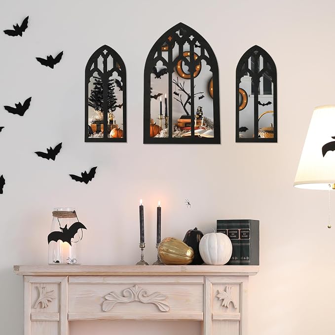 3 Pcs Gothic Arched Window Wall Mirror Set, Cathedral Arched Mirror Decor, Self-Adhesive Wall Mount for Living Room, Bedroom, Bathroom, Vanity, Entryway (31-B Model, Black)