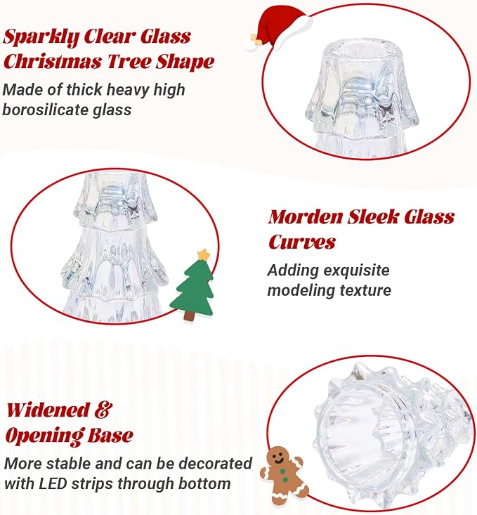 CHILL RECIPE Christmas Tree Candle Holders Xmas Glass Taper Candlestick Holders Thickened with Rubber Candle Grippers for Decoration Table Centerpiece Dinner Party Home Decor(Sparkly Clear 3Pcs &Box)
