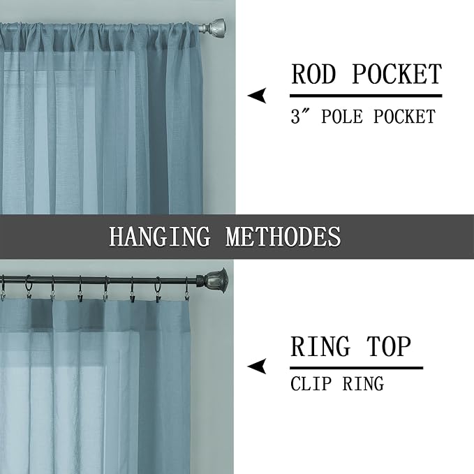 Tollpiz Sheer Tier Curtains Kitchen Linen Textured Half Curtain Sheers Light Filtering Rod Pocket Voile Bathroom Short Curtains for Farmhouse, 25 x 30 inches Long, Dusty Blue, Set of 2 Panels