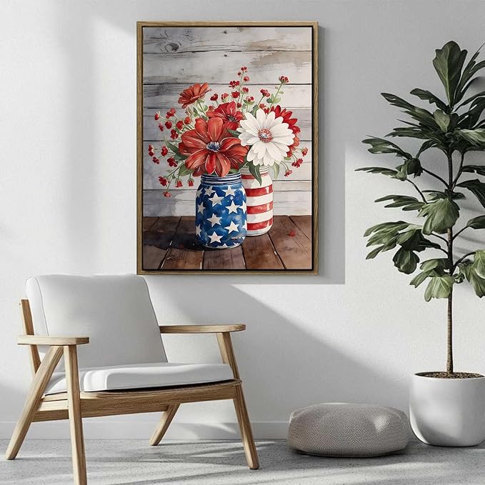 American Flag Framed Canvas Wall Art, 4th of July Patriotic Canvas Prints | Flowers and Stripes Poster Print, Independence Day Wall Decor for Bedroom Living Room Dining Room Office 8×10in